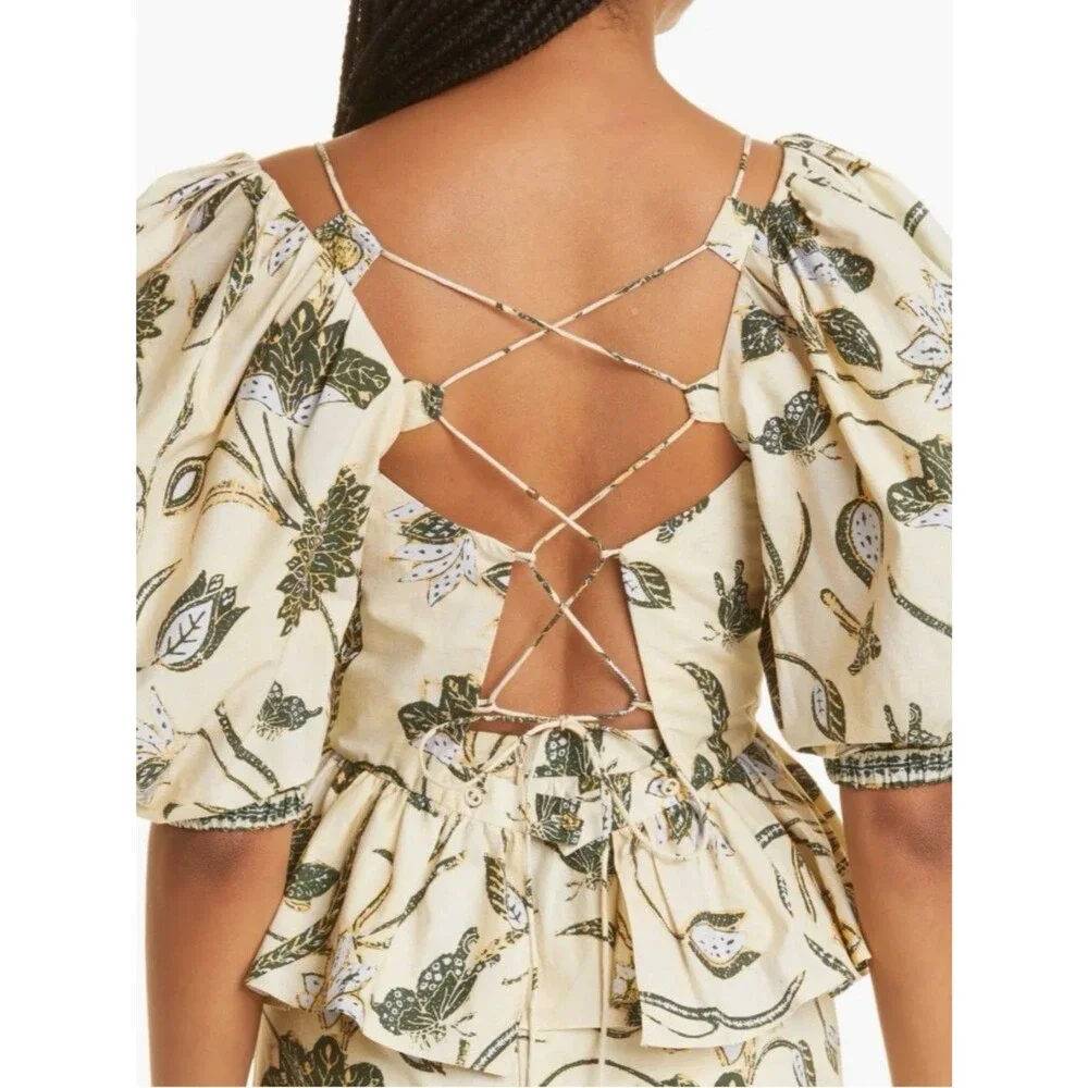 Ulla Johnson Carlotta Floral Cotton Peplum Top Puff Sleeve Lace Up Back Cottage